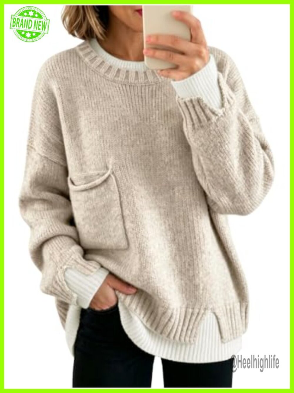 Wool Blend Oversized Chunky Knit Sweater Crew Neck Pullover
